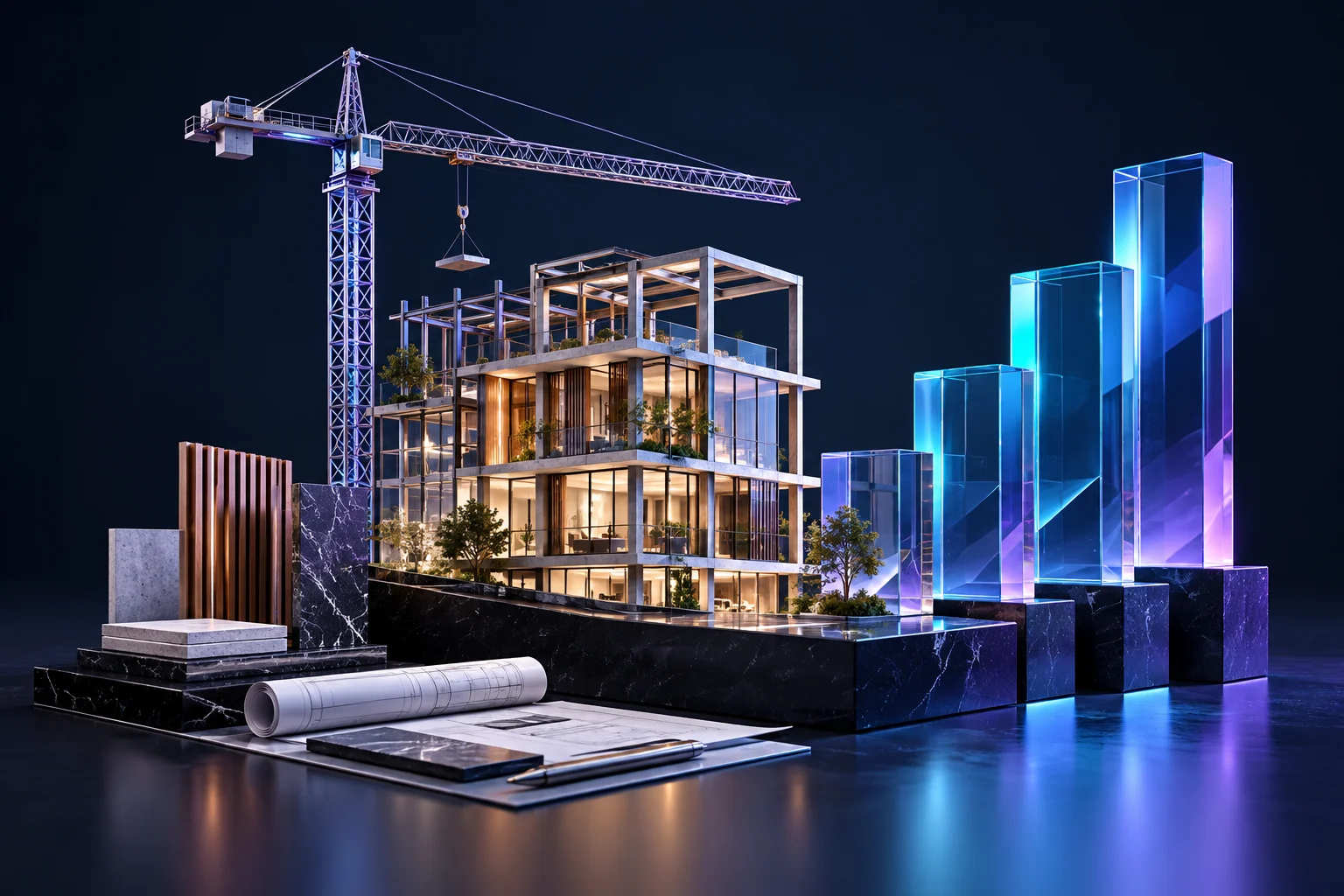 An architectural building model, structural frame and rising glass project-growth blocks.