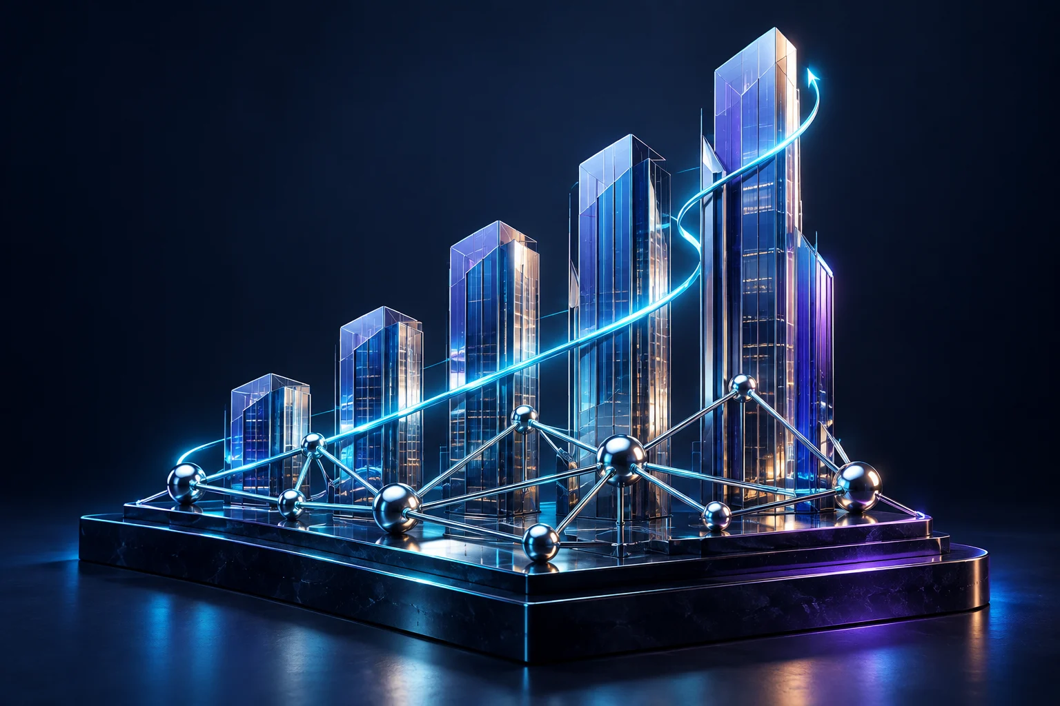 Glass corporate towers arranged as an ascending business graph with connected chrome nodes.