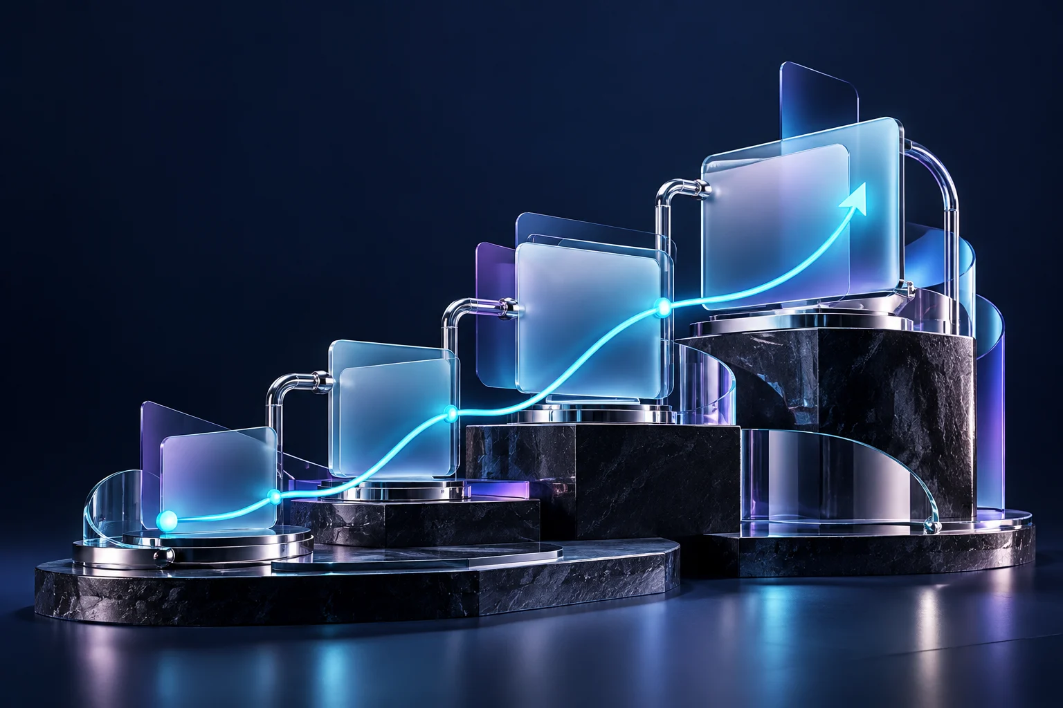 Bespoke glass components and responsive panels tracing a clear user journey.