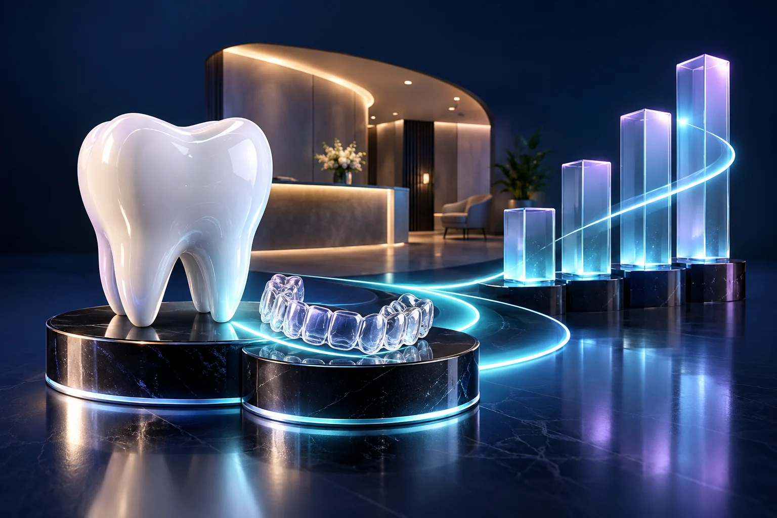 A porcelain tooth and clear aligner beside ascending patient-demand columns.