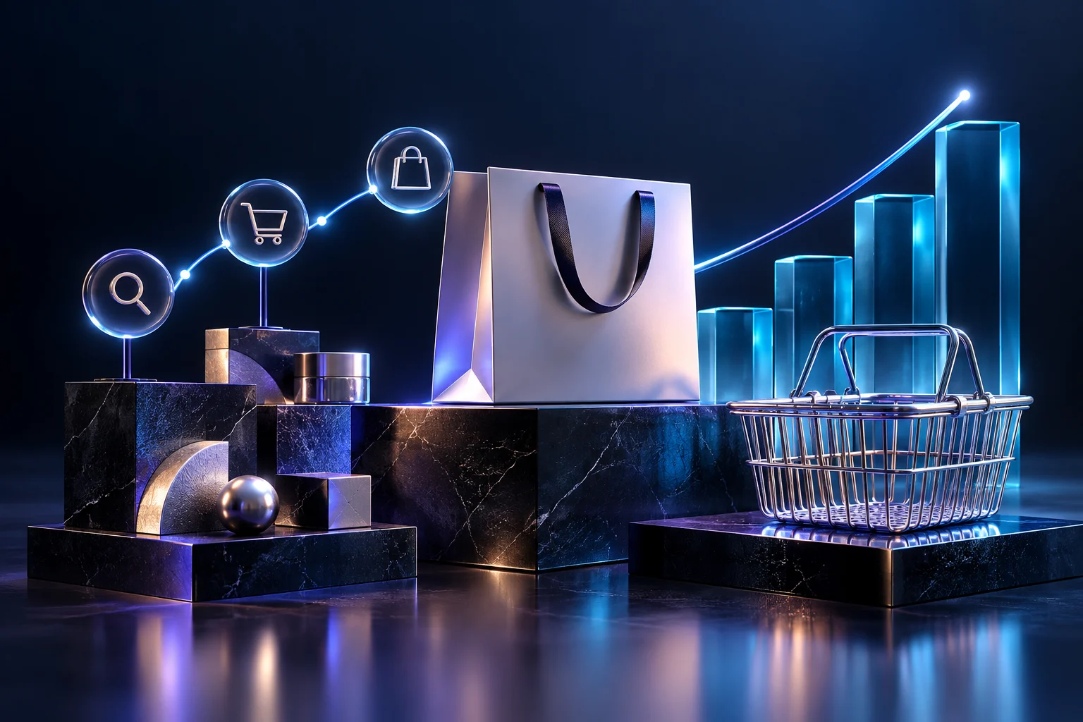 Shopping bags, product boxes and a chrome basket beside ascending glass growth bars.