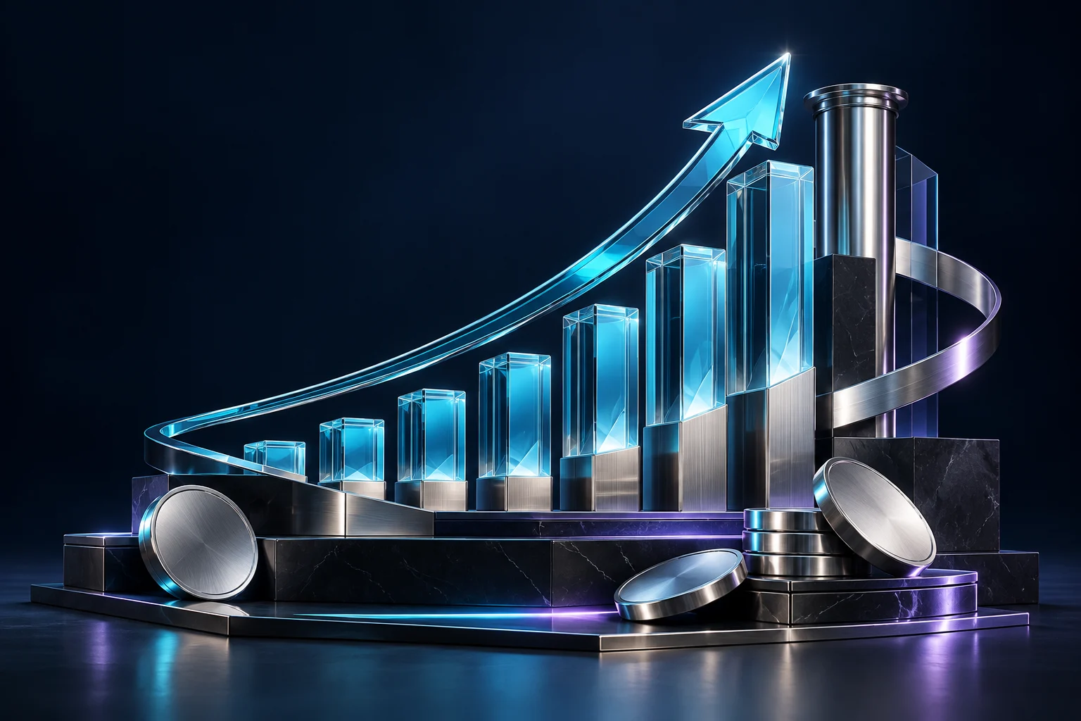 A cyan glass financial graph with silver columns and polished metal discs.