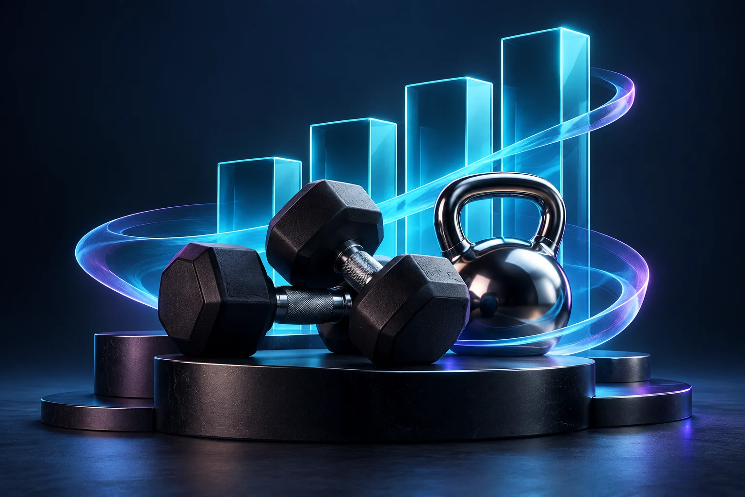 Premium dumbbells and a kettlebell beside ascending glass membership columns.