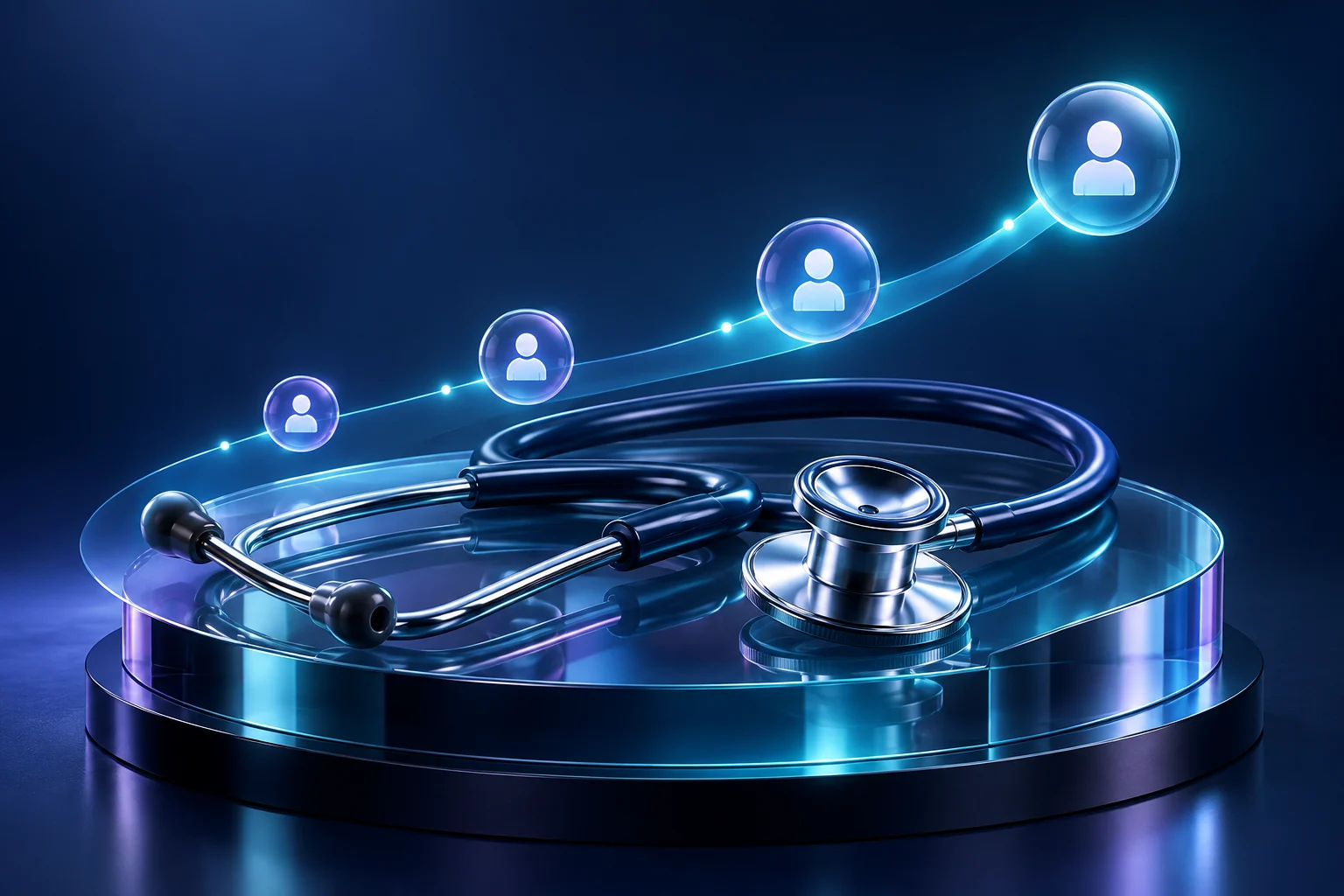 A polished stethoscope with appointment nodes and a rising care-access pathway.