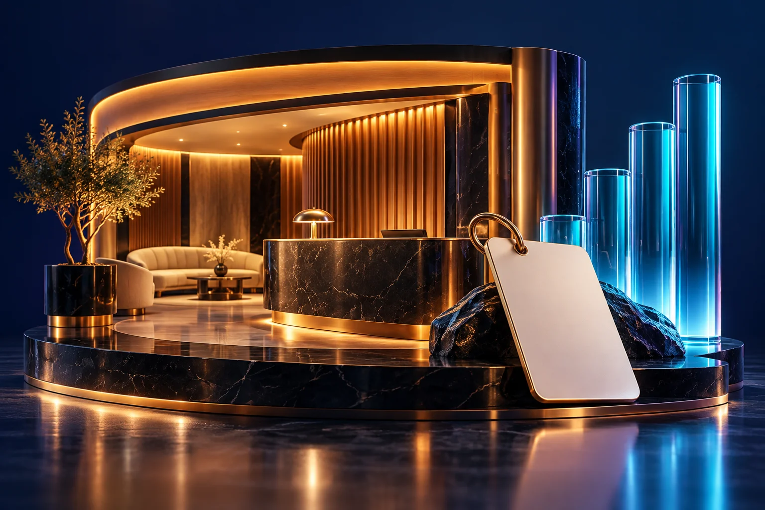 A luxury hotel reception vignette and blank keycard beside glass occupancy columns.