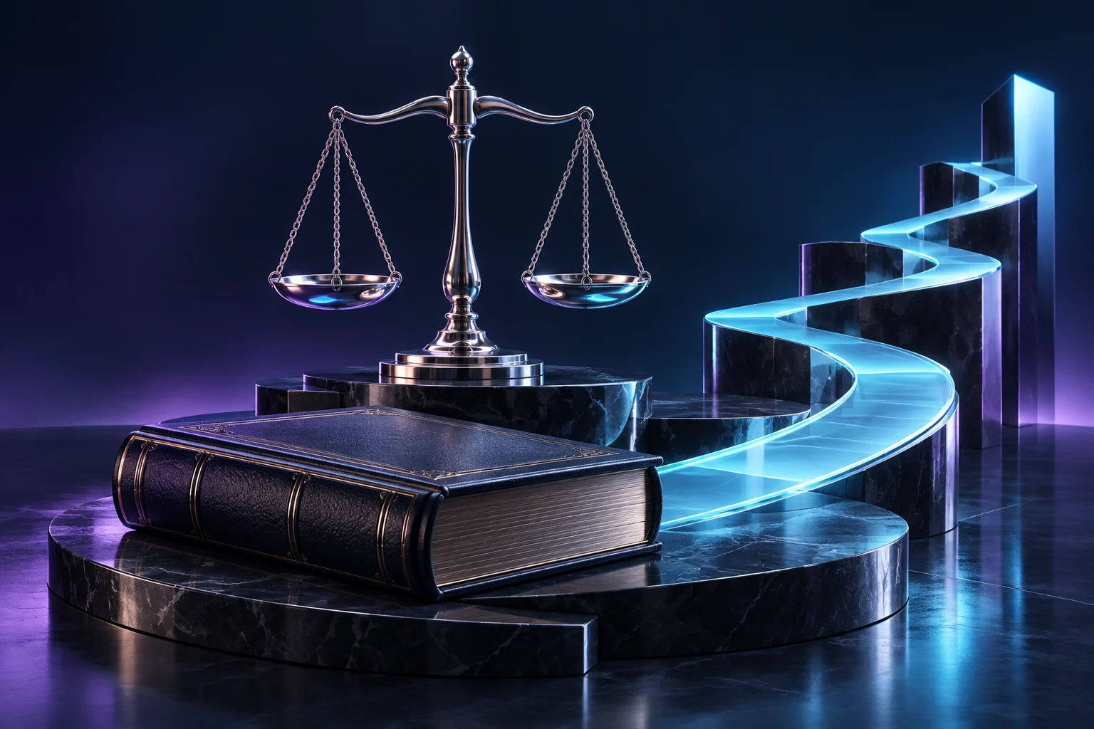 A chrome balance scale and embossed book with an ascending client-enquiry pathway.