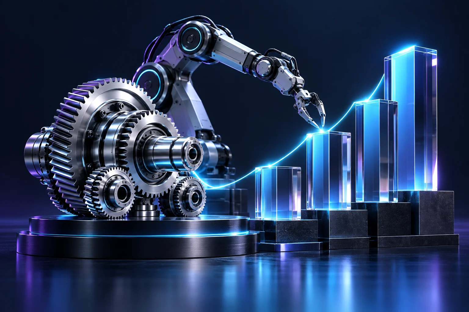 Precision steel gears and a robotic arm beside modular glass production columns.