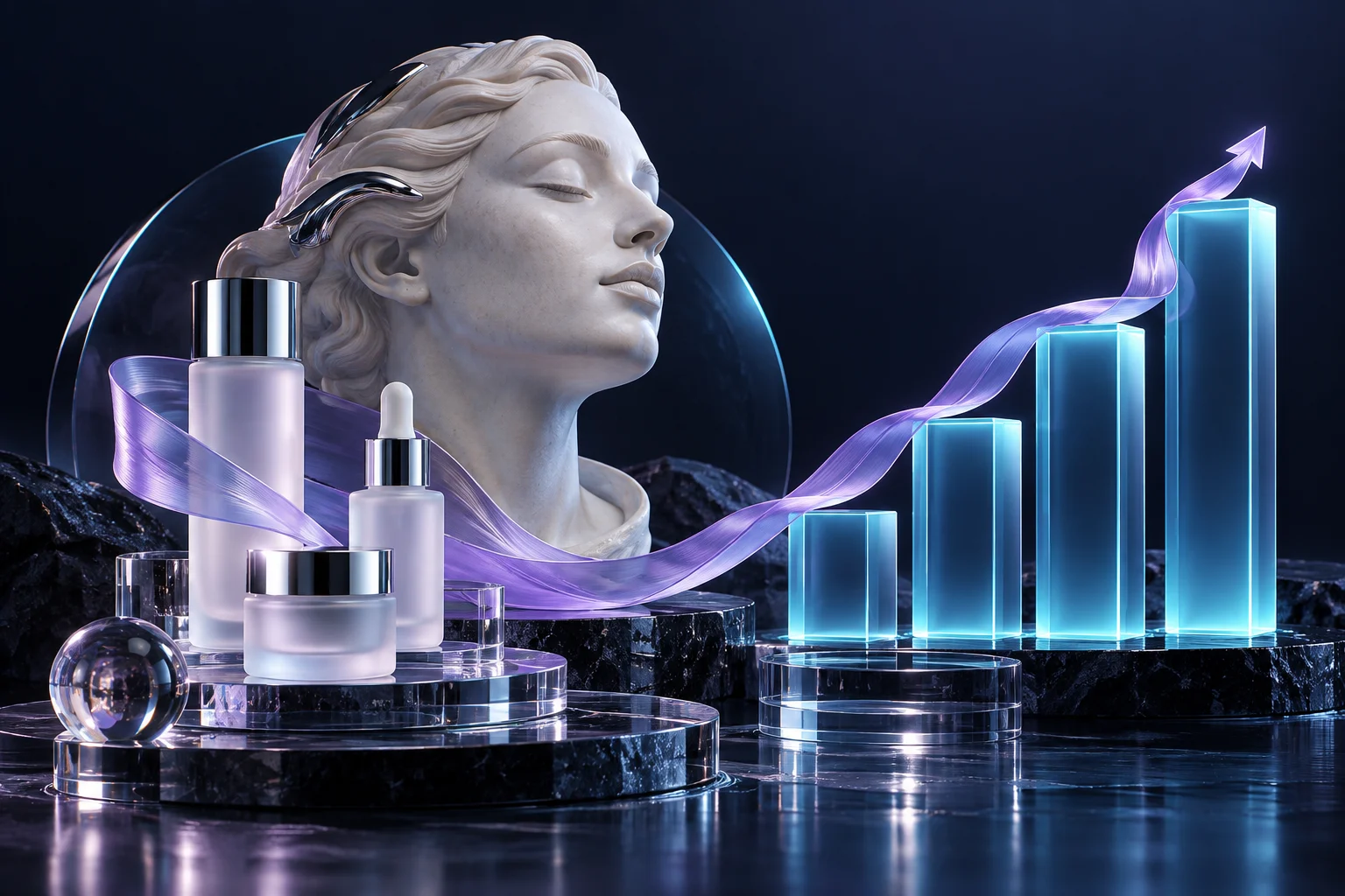 Frosted skincare bottles and a stone facial sculpture beside appointment-growth columns.
