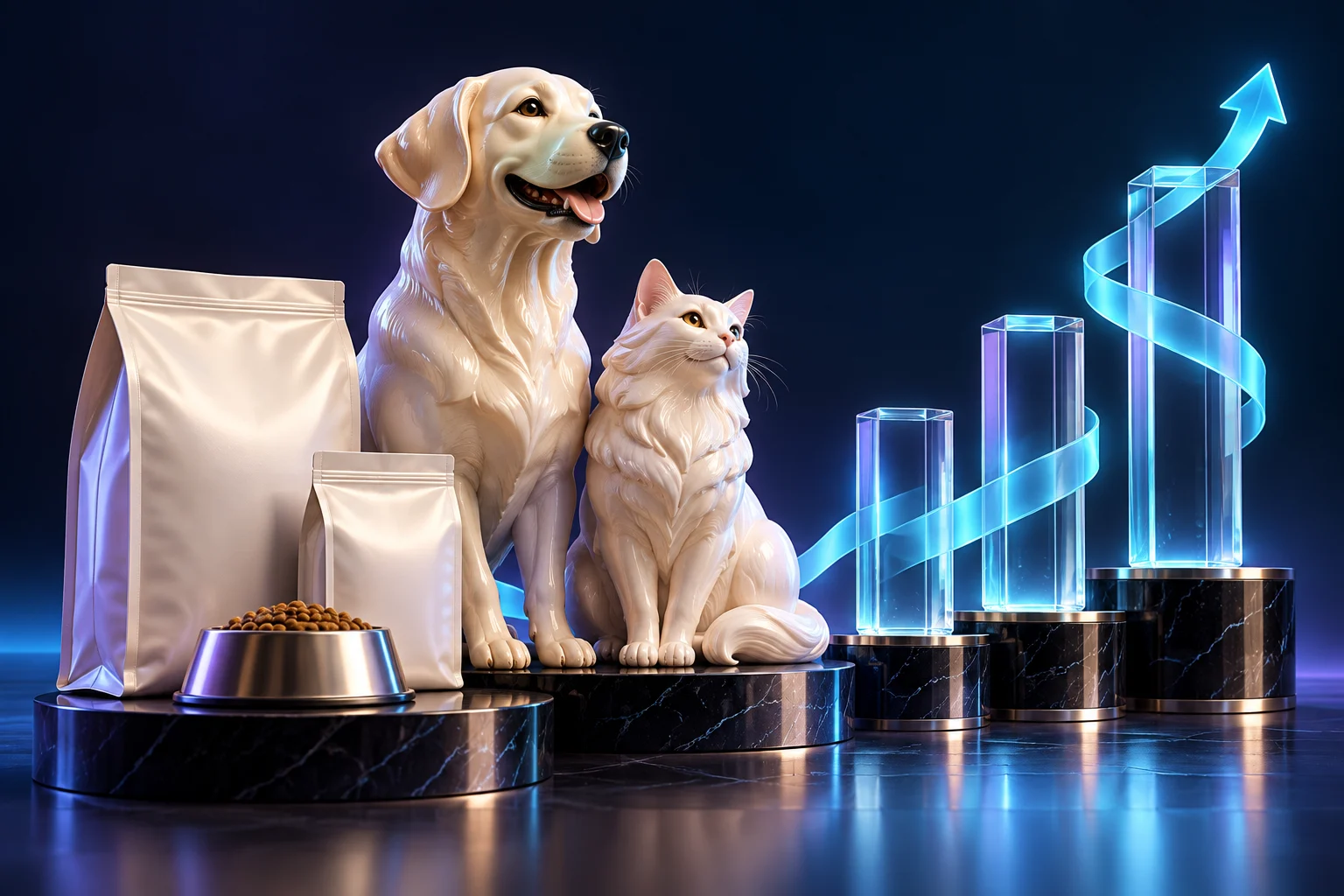 Porcelain dog and cat sculptures with pet packaging and rising glass retail columns.
