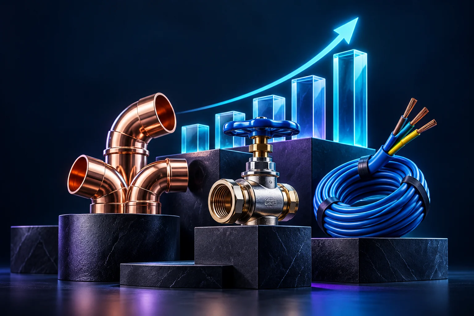 Copper fittings, a water valve and electrical cable beside a cyan service-enquiry graph.