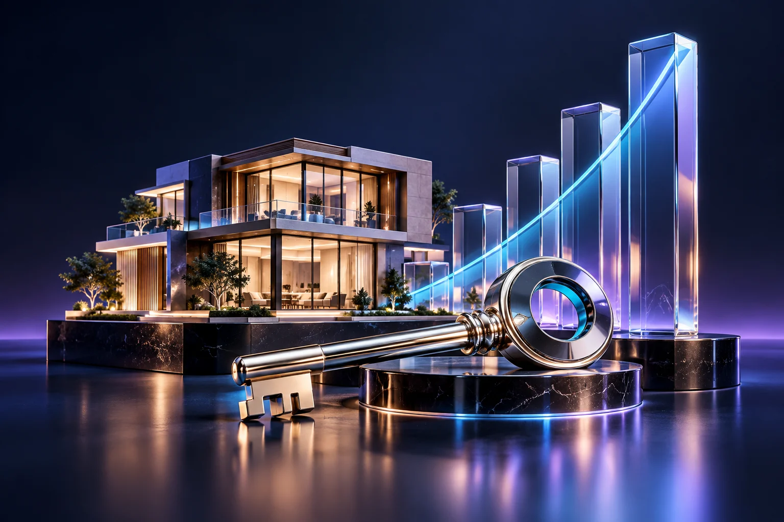 A contemporary residential model and key sculpture beside rising property-enquiry columns.