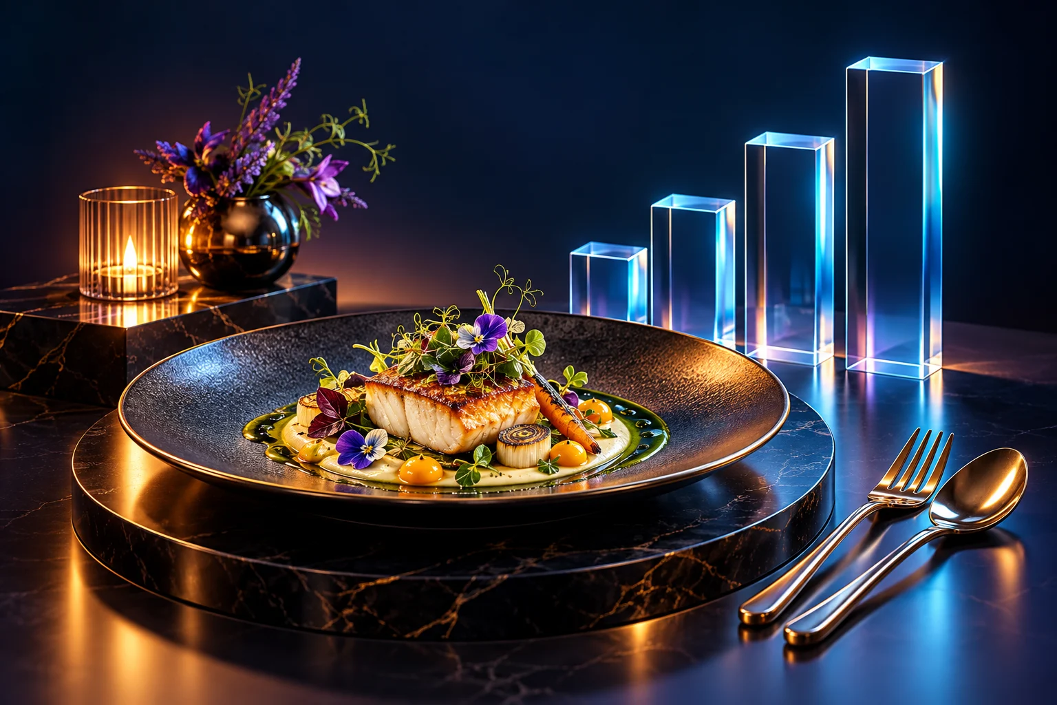 A refined gourmet plate and elegant cutlery beside glass reservation-growth columns.
