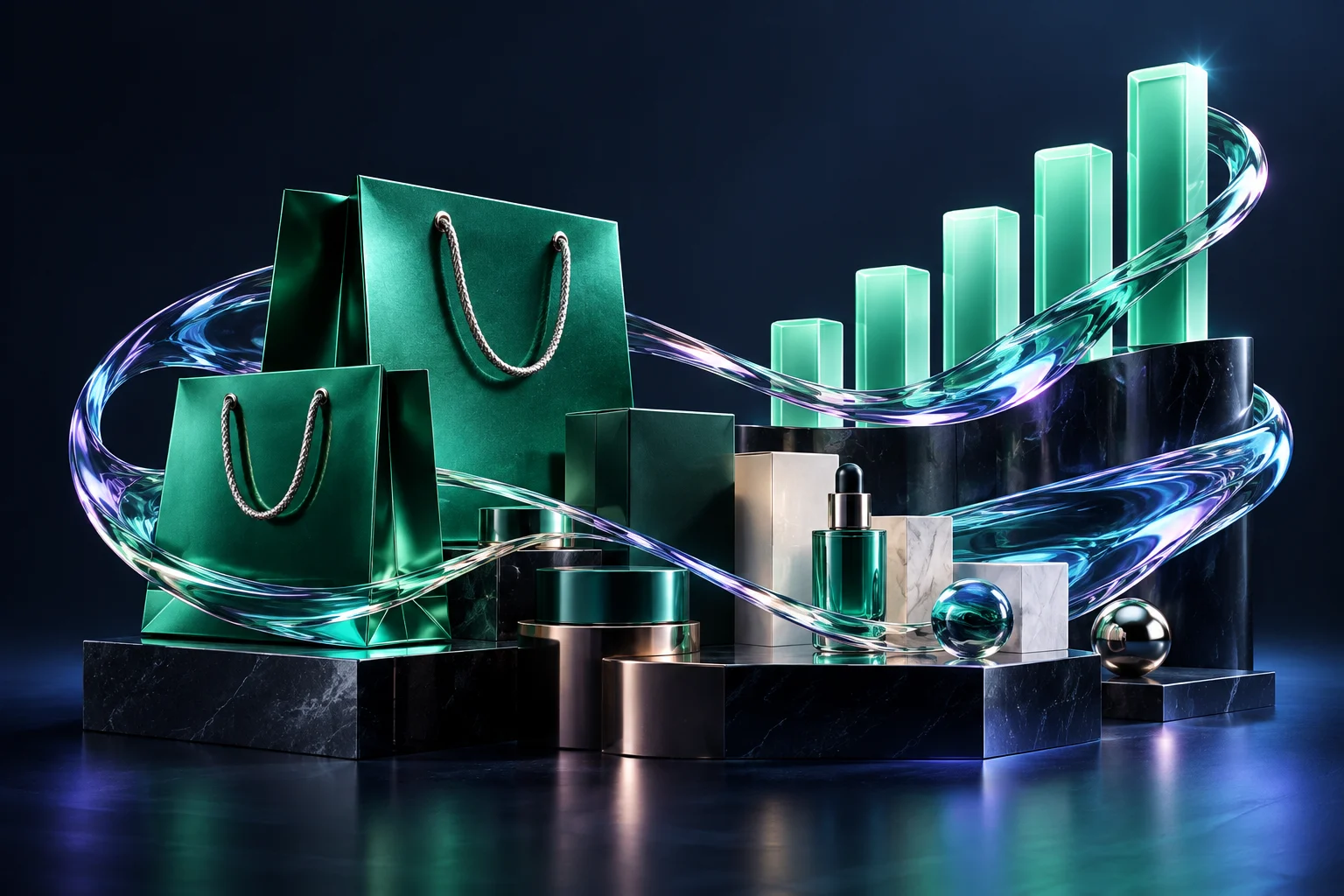 Emerald shopping bags and product packaging linked to ascending conversion pillars.