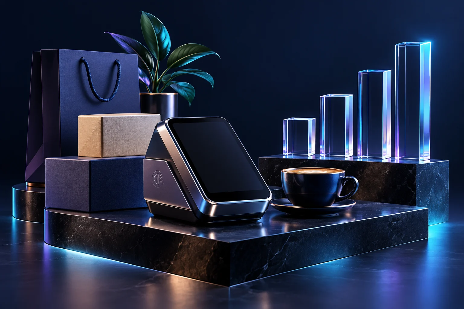 A modern payment terminal and retail packaging beside sculptural business-growth columns.