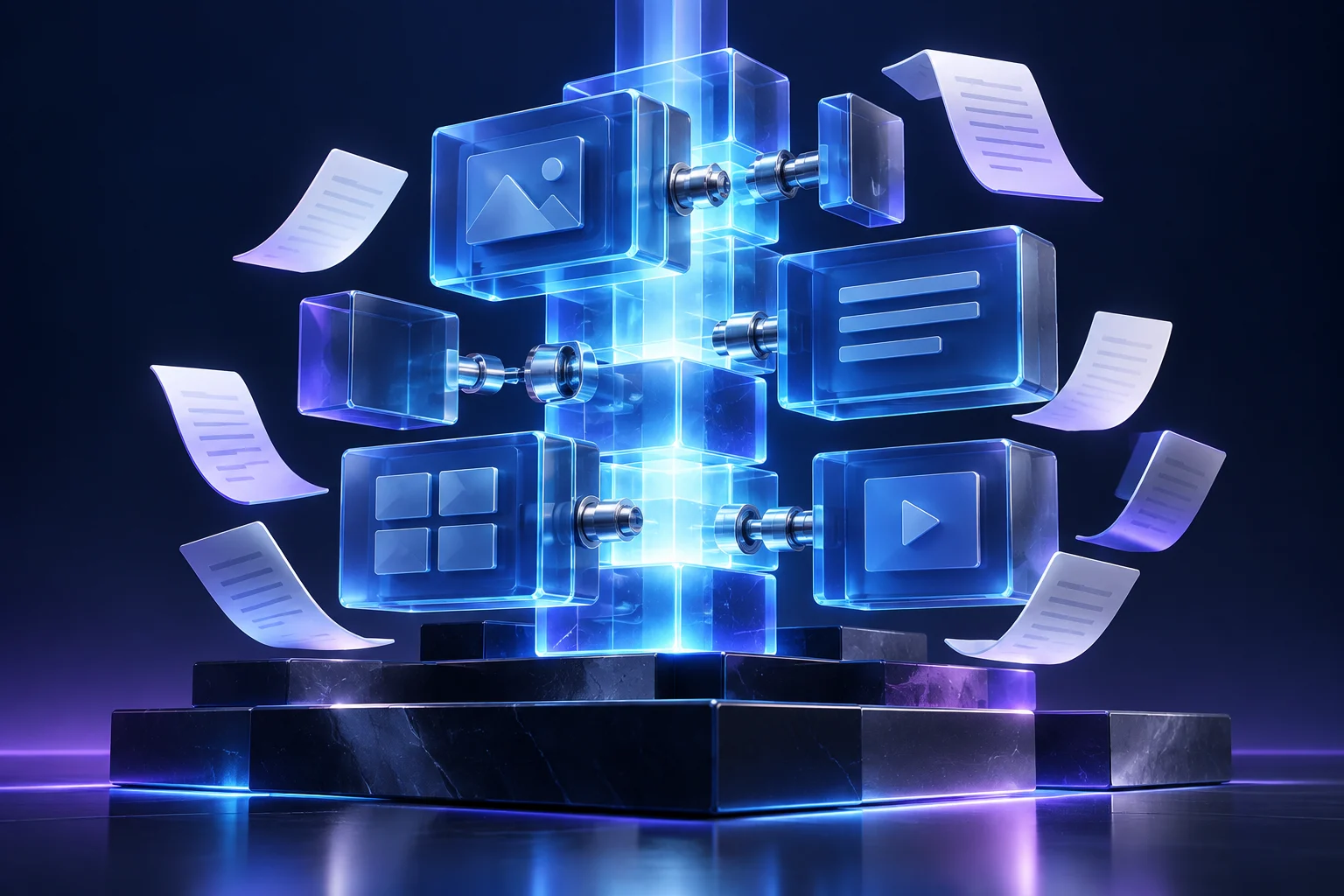 Modular blue publishing blocks, editorial sheets and chrome connectors around a luminous spine.