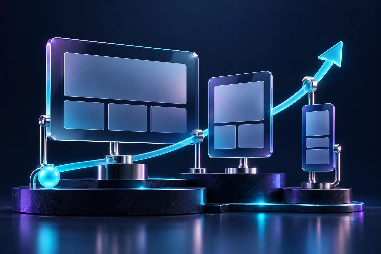 Responsive glass panels connected by a rising cyan conversion pathway.